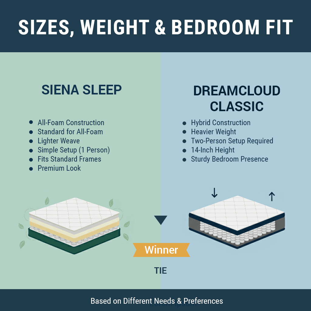 Siena vs Dreamcloud: 2025 Mattress Showdown 15 Sizes, Weight, and Bedroom Fit